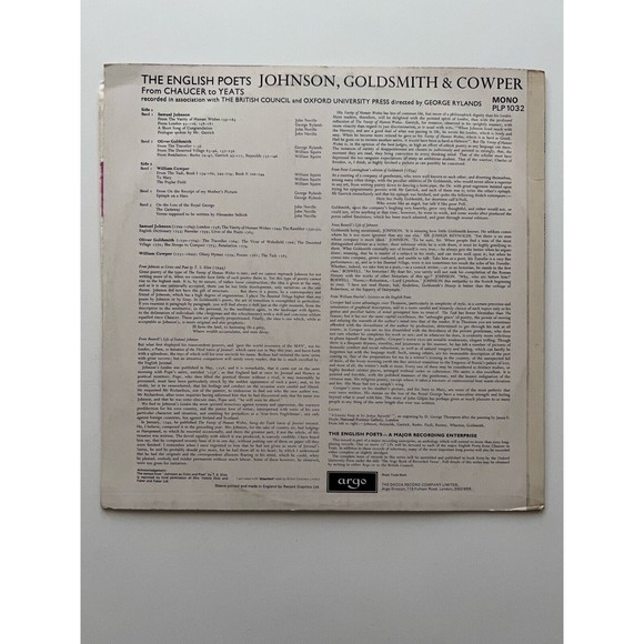 Johnson Goldsmith Cowper Neville Rylands Squire LP Argo Mono EX Import Poetry - Picture 2 of 7